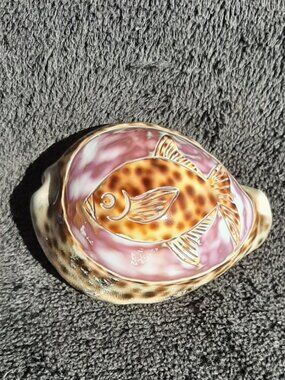 Vintage Hand Carved Tiger Cowrie Shell Swimming Fish Scene 3”